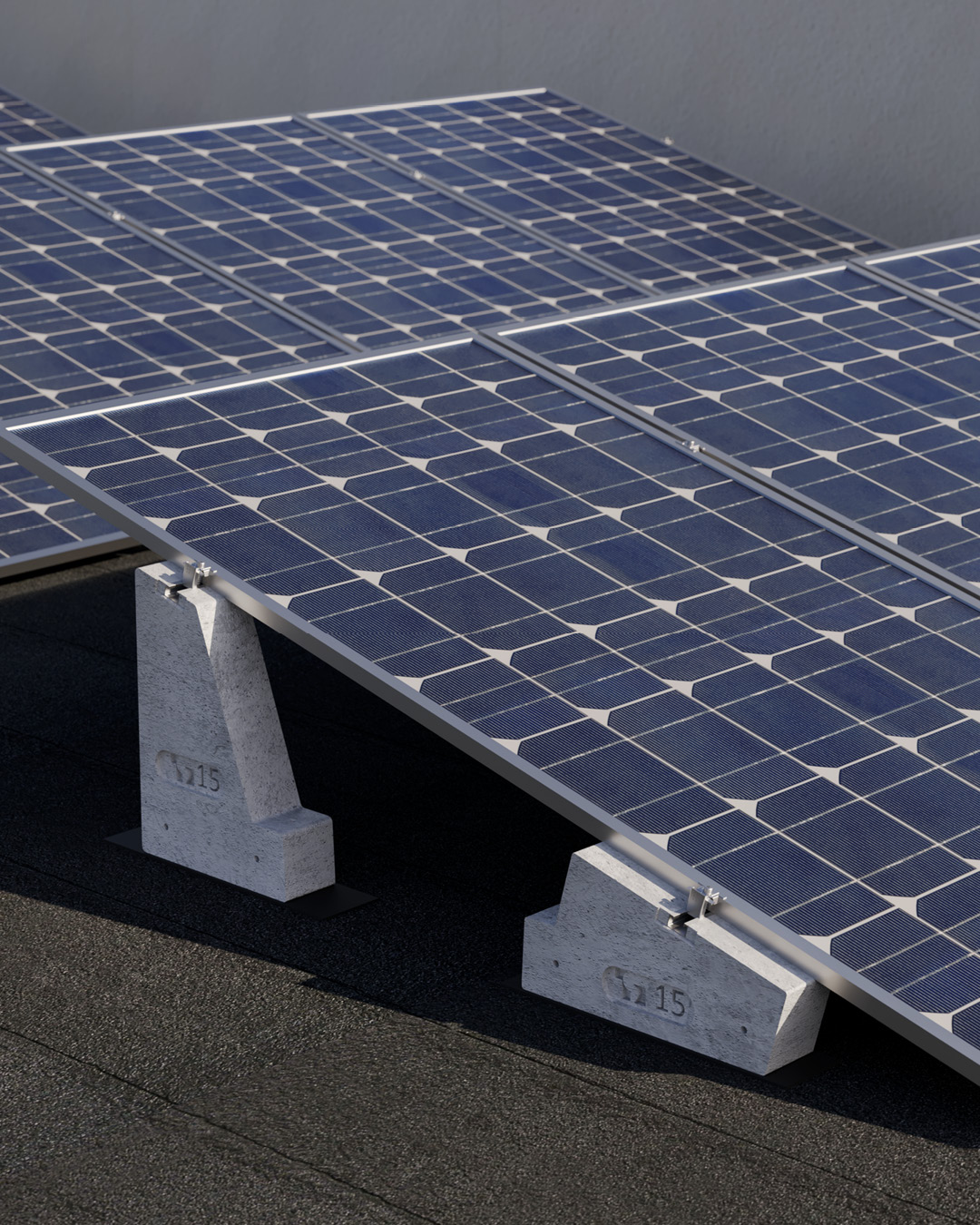 pannelli fotovoltaici con zavorre su tetto piano